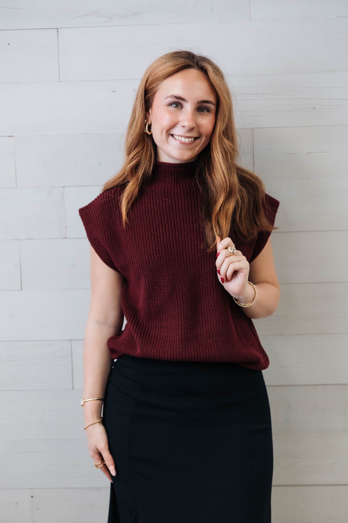 Burgundy Turtle Neck Raw Edge SS Sweater