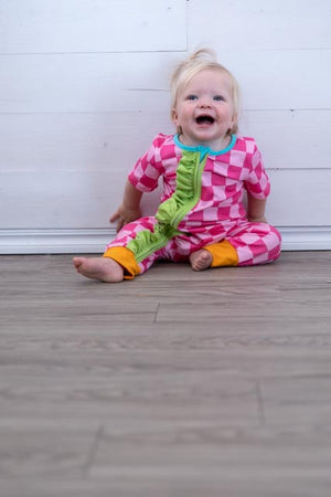 Girls Neon Checkerboard Zip Up Romper