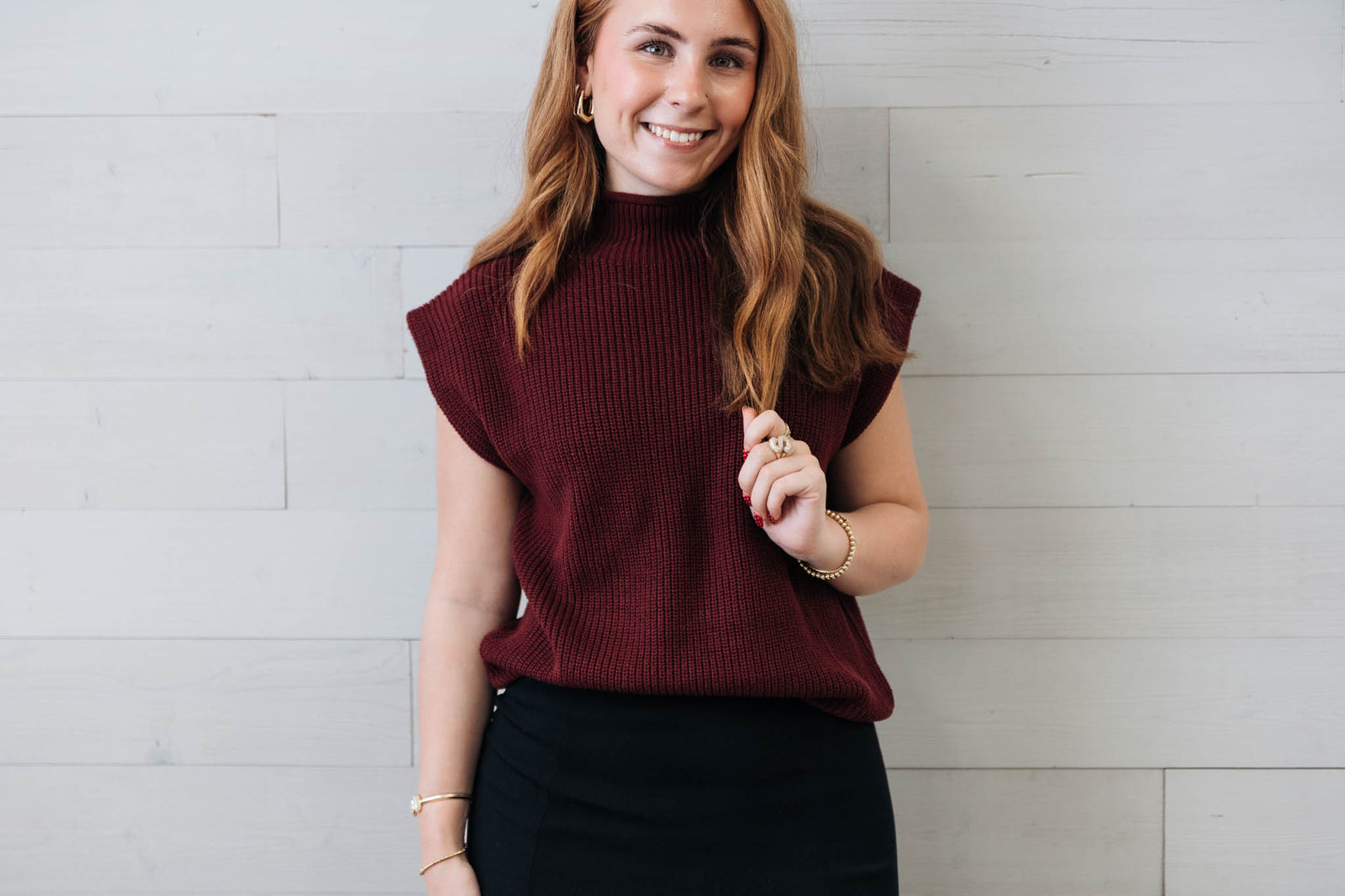 Burgundy Turtle Neck Raw Edge SS Sweater