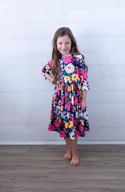 Midnight Floral 3/4 Sleeve Pocket Twirl Dress