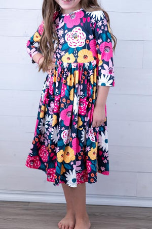 Midnight Floral 3/4 Sleeve Pocket Twirl Dress