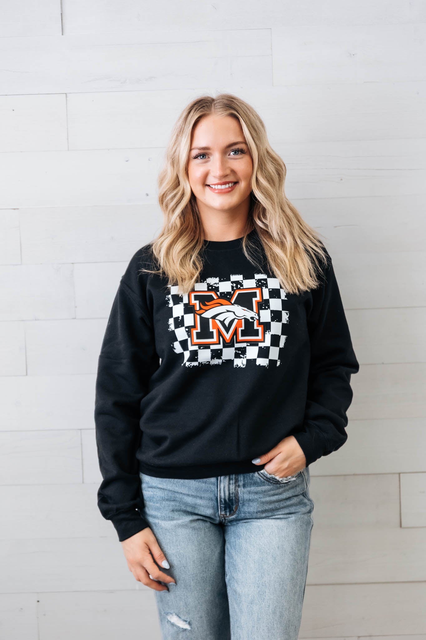 Checkered Mustang Broncos Black Sweatshirt