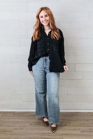 Black Oversized Button Down Long Sleeve Shirt