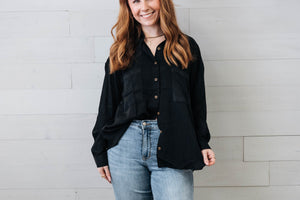 Black Oversized Button Down Long Sleeve Shirt