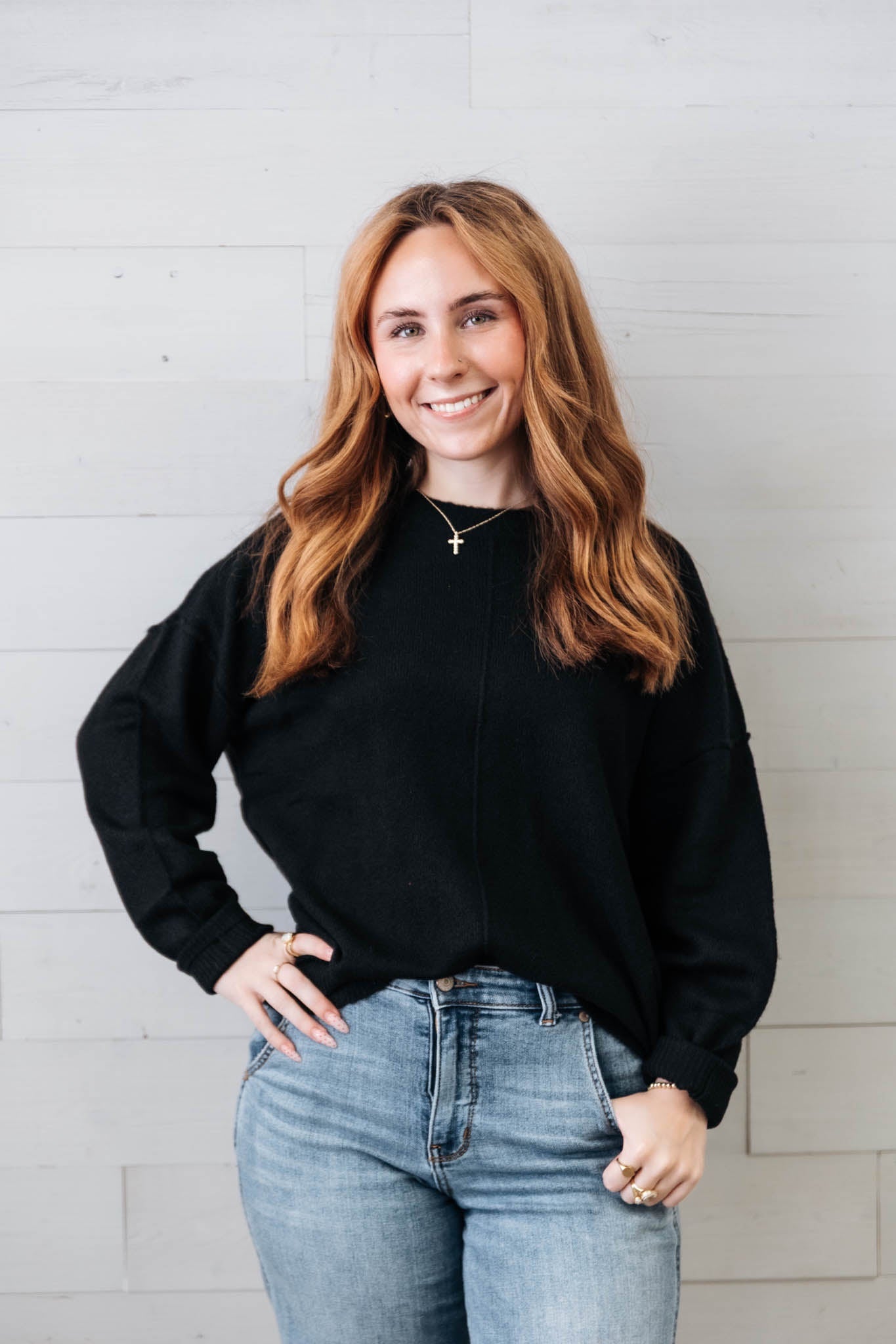 Black Solid Crewneck Front Seam Knit Sweater