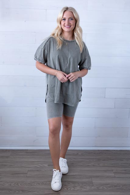 Washed Stretchy Knit Activewear Top & Shorts Olive