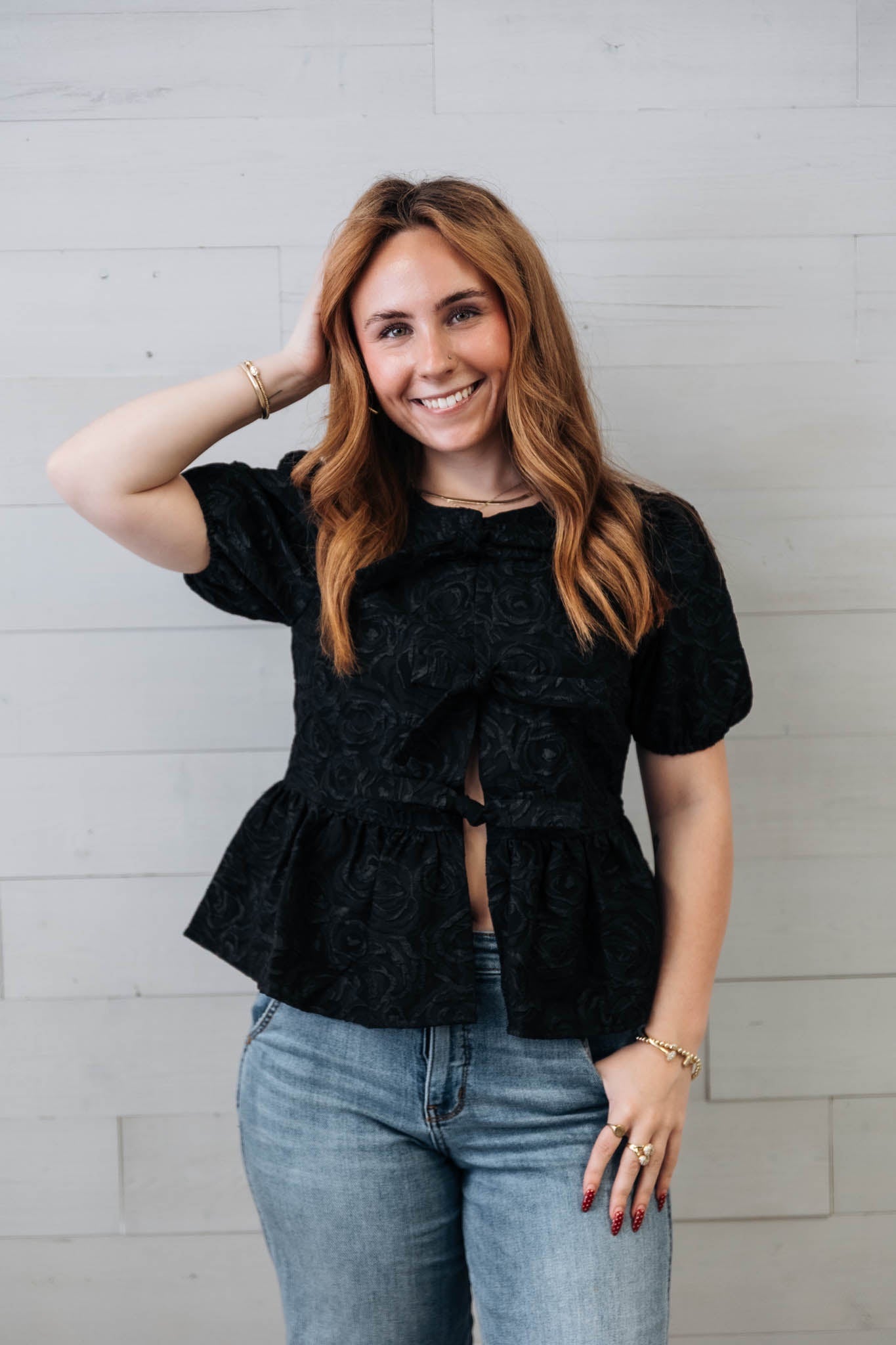 Black Puff Sleeve Texture Top Tie Front