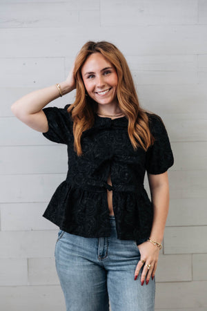 Black Puff Sleeve Texture Top Tie Front