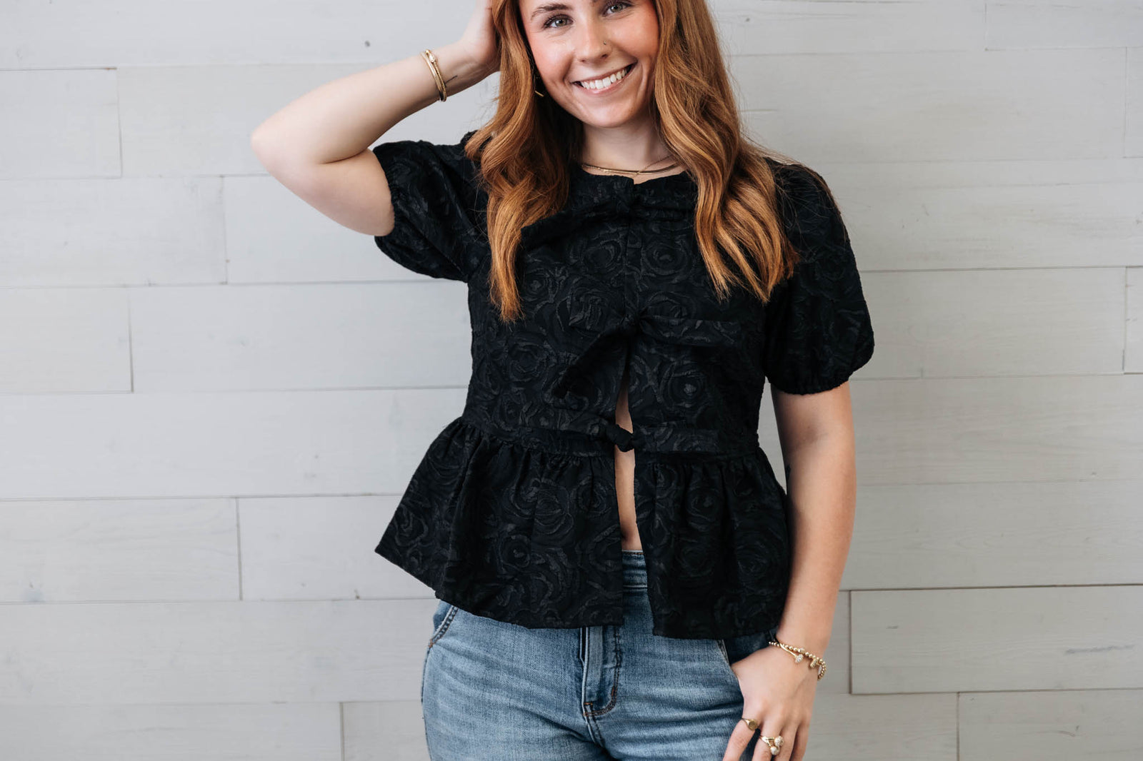Black Puff Sleeve Texture Top Tie Front