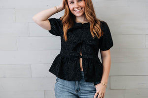 Black Puff Sleeve Texture Top Tie Front