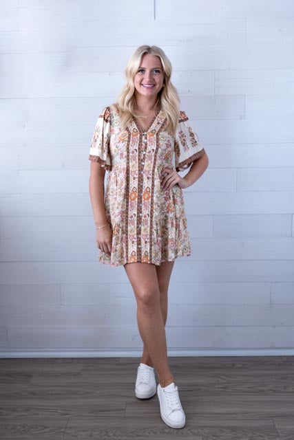 Shirring Detail Printed Woven Mini Dress