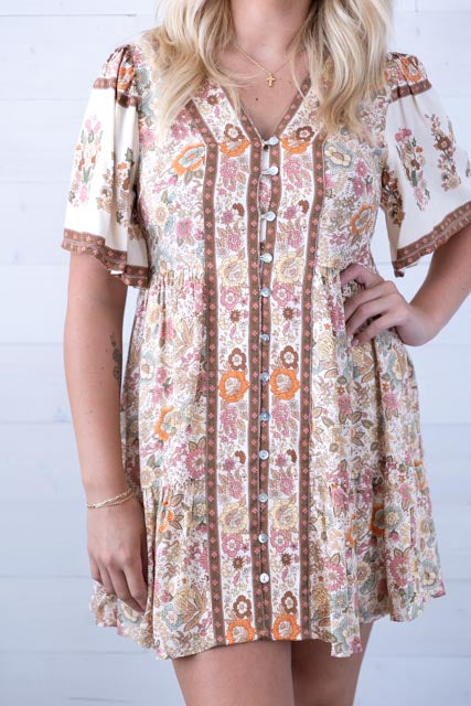 Shirring Detail Printed Woven Mini Dress