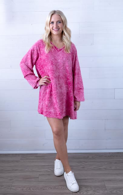 Mineral Washed A Line Mini Dress Magenta