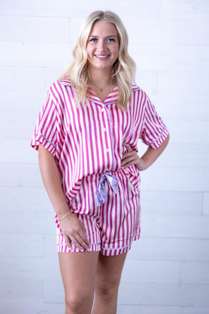 Striped Print SS Woven Pajama Set Piping Detail