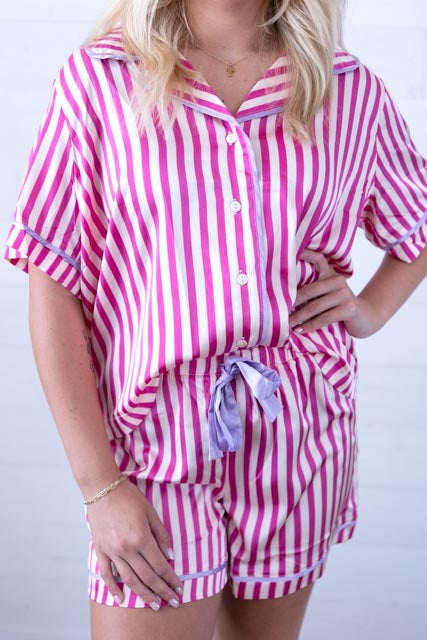 Striped Print SS Woven Pajama Set Piping Detail