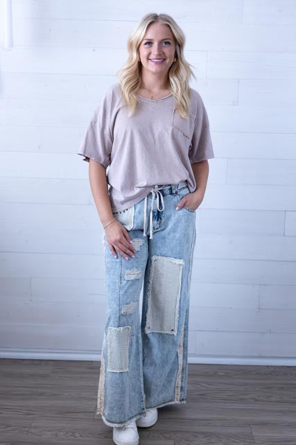 Mineral Washed V-Neck Knit Top Taupe