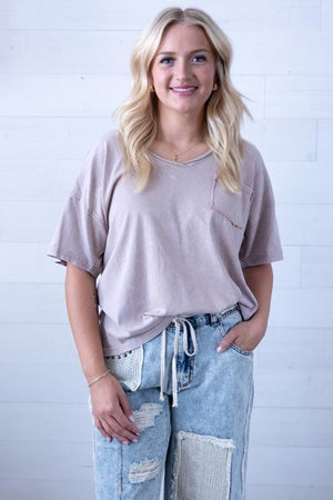 Mineral Washed V-Neck Knit Top Taupe