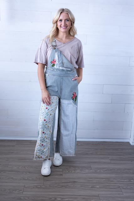 POL Striped Floral Print Denim Overalls