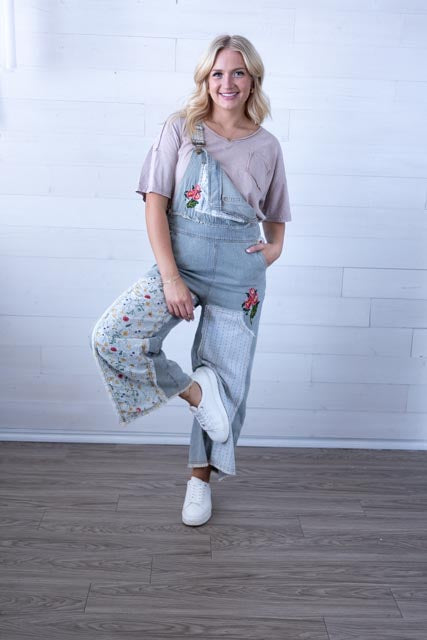 POL Striped Floral Print Denim Overalls