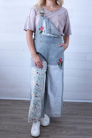 POL Striped Floral Print Denim Overalls