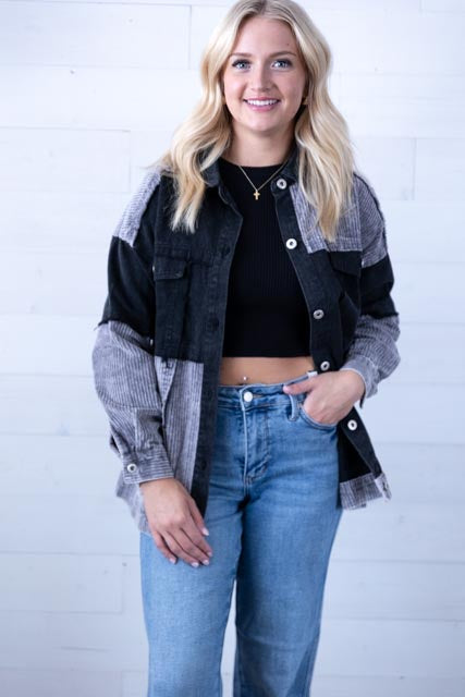 Mineral Washed Colorblock Button Down Jacket