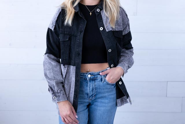 Mineral Washed Colorblock Button Down Jacket