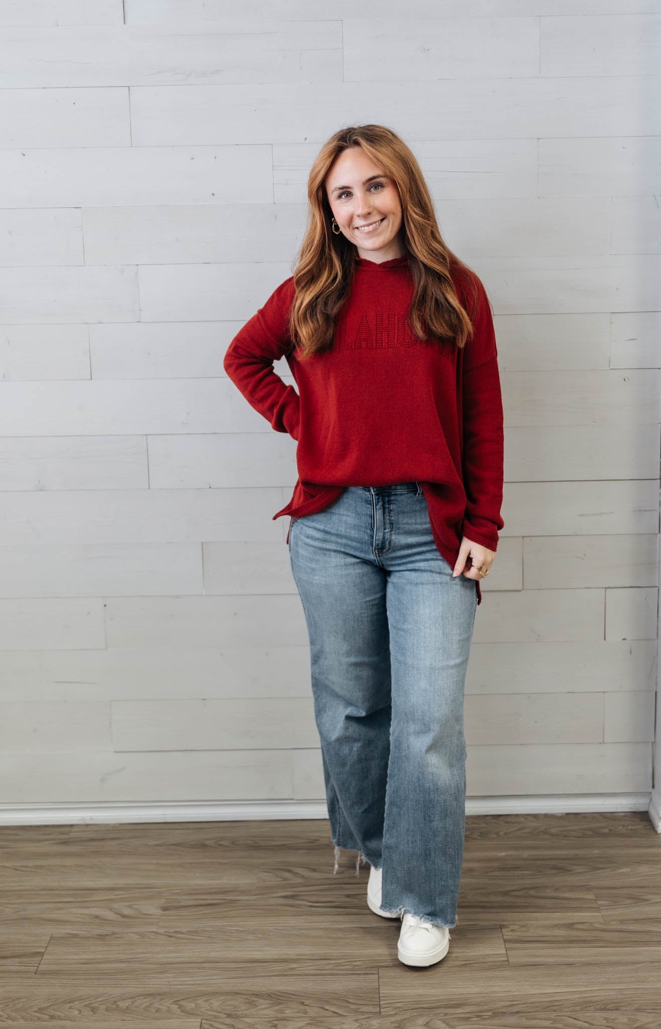 Embossed Jacquard Hoodie Sweater Crimson