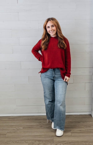 Embossed Jacquard Hoodie Sweater Crimson