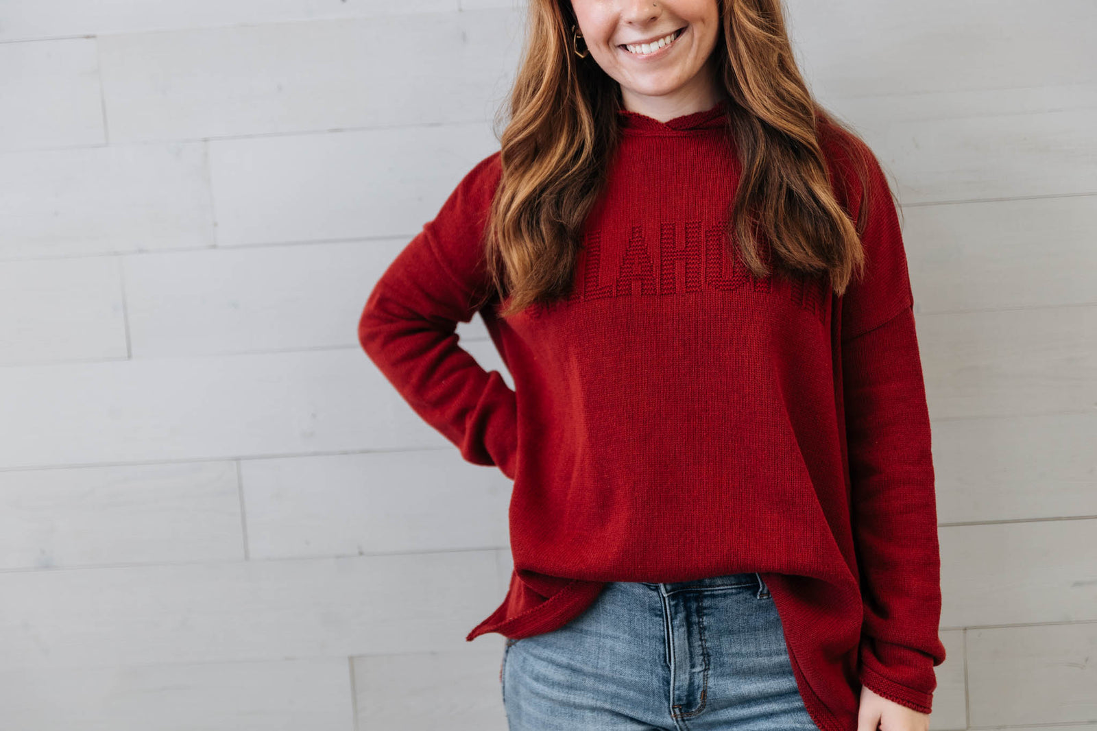 Embossed Jacquard Hoodie Sweater Crimson