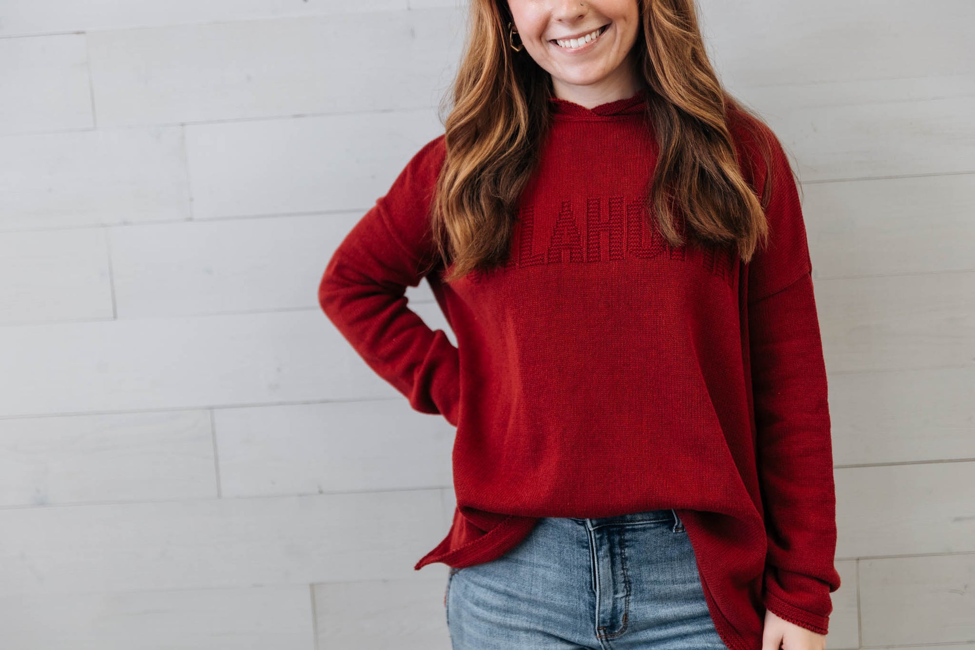 Embossed Jacquard Hoodie Sweater Crimson