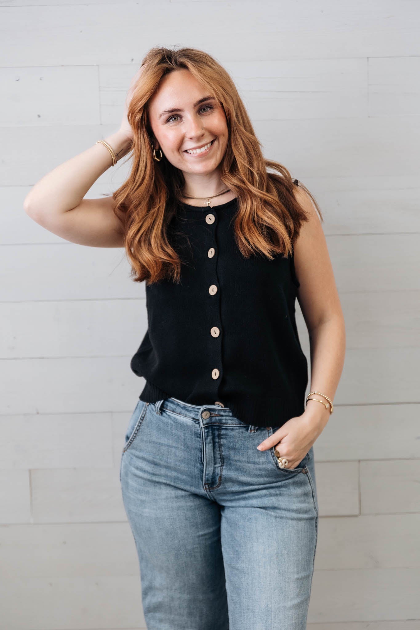 Black Raw Edge Button Down Knit Cardigan Vest Top