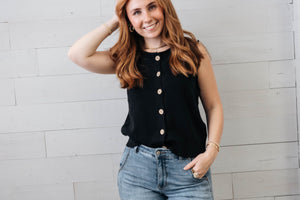 Black Raw Edge Button Down Knit Cardigan Vest Top