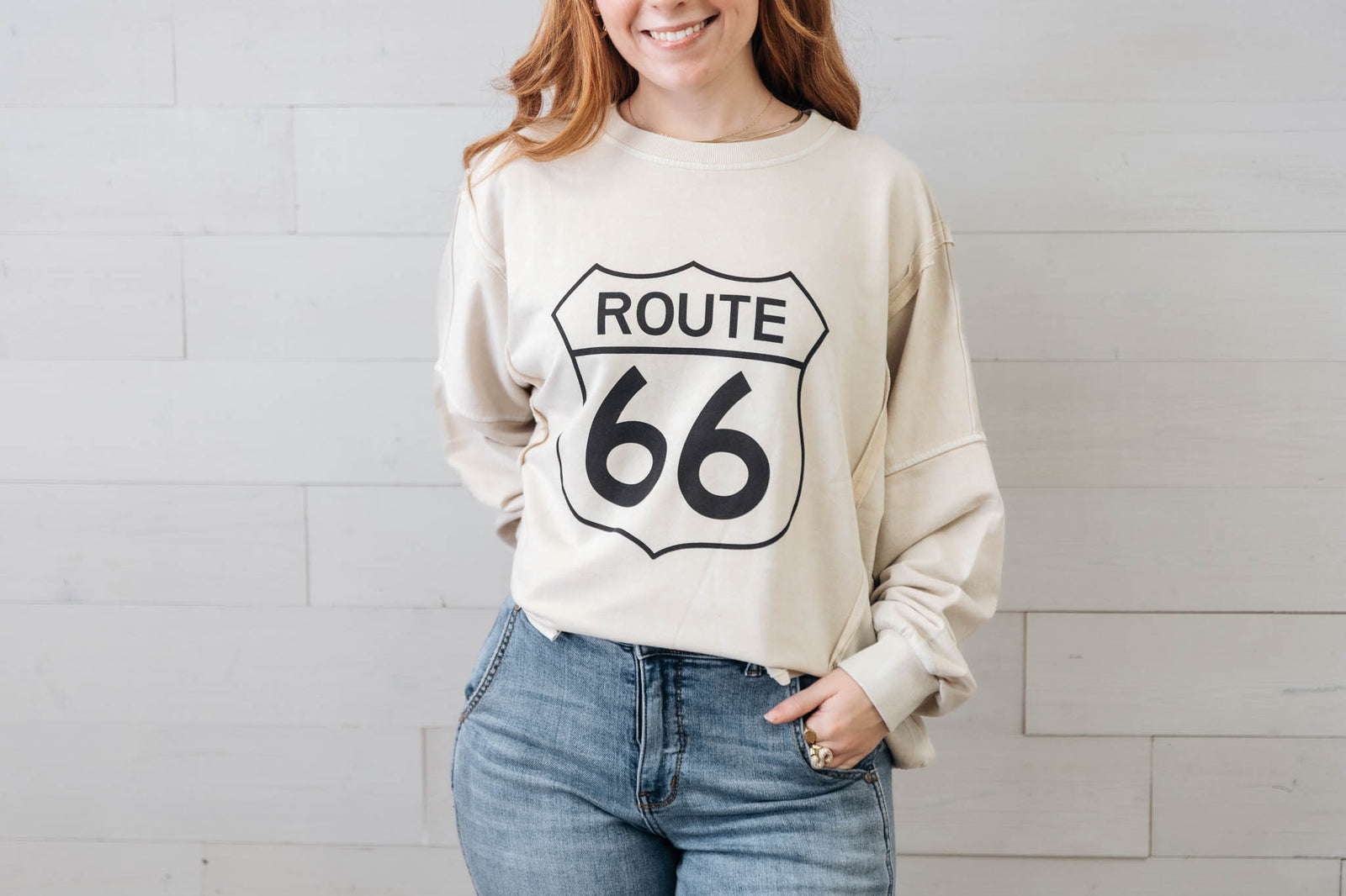 Light Khaki Route 66 Long Sleeve Knit Top