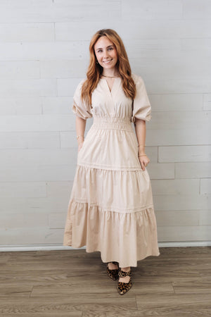 Balloon Half Sleeve Poplin V-Neck Midi Dress Taupe