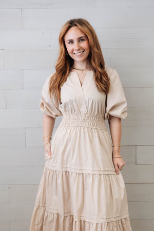 Balloon Half Sleeve Poplin V-Neck Midi Dress Taupe