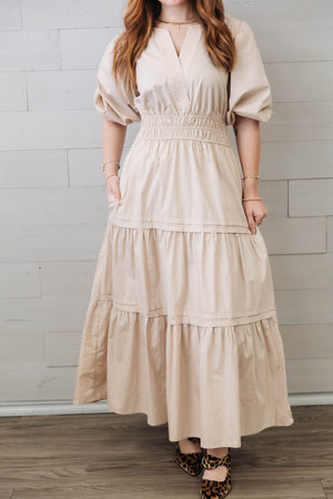 Balloon Half Sleeve Poplin V-Neck Midi Dress Taupe