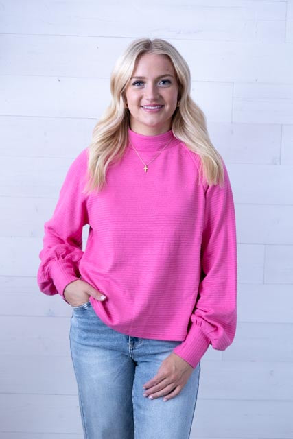Mock Neck Textured Knit Top Pink