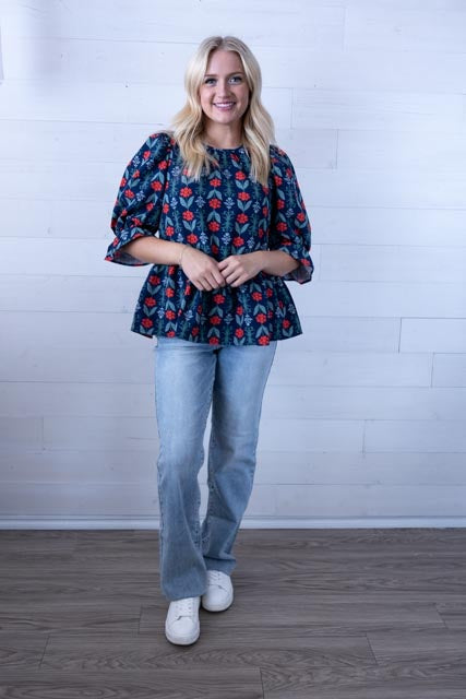 Navy Floral Pierce Flounce Top