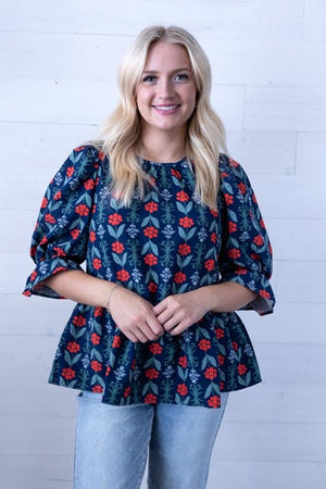 Navy Floral Pierce Flounce Top