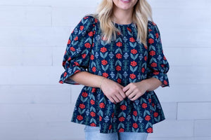 Navy Floral Pierce Flounce Top