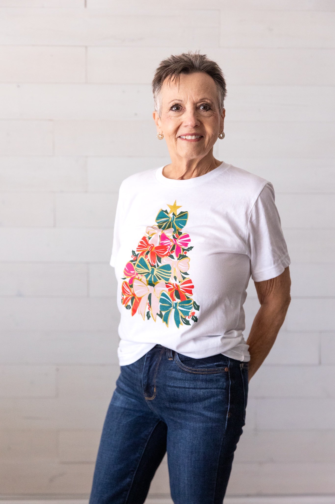 Multi Colored Bow Christmas Tree Graphic Tee White