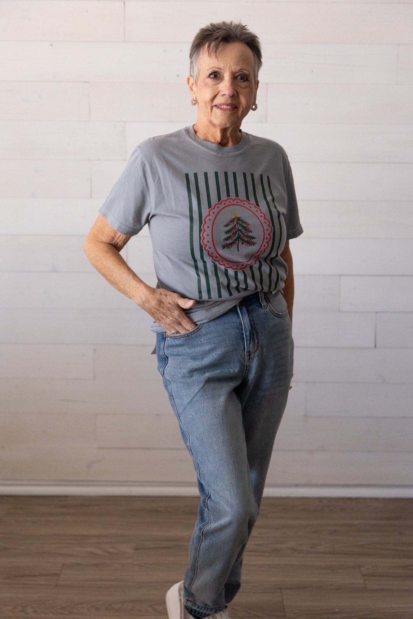 Red Ornament Green Tree Graphic Tee Grey