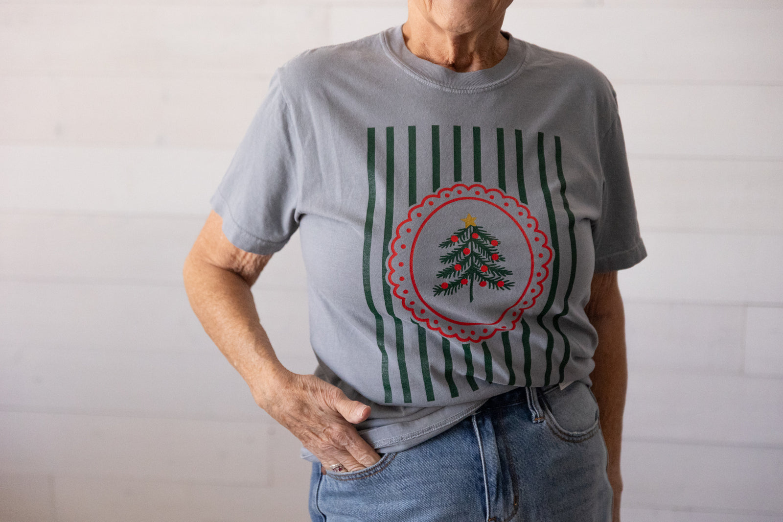 Red Ornament Green Tree Graphic Tee Grey