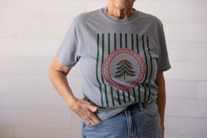 Red Ornament Green Tree Graphic Tee Grey