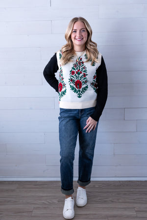 Cream Sleeveless Sweater Floral Red & Green