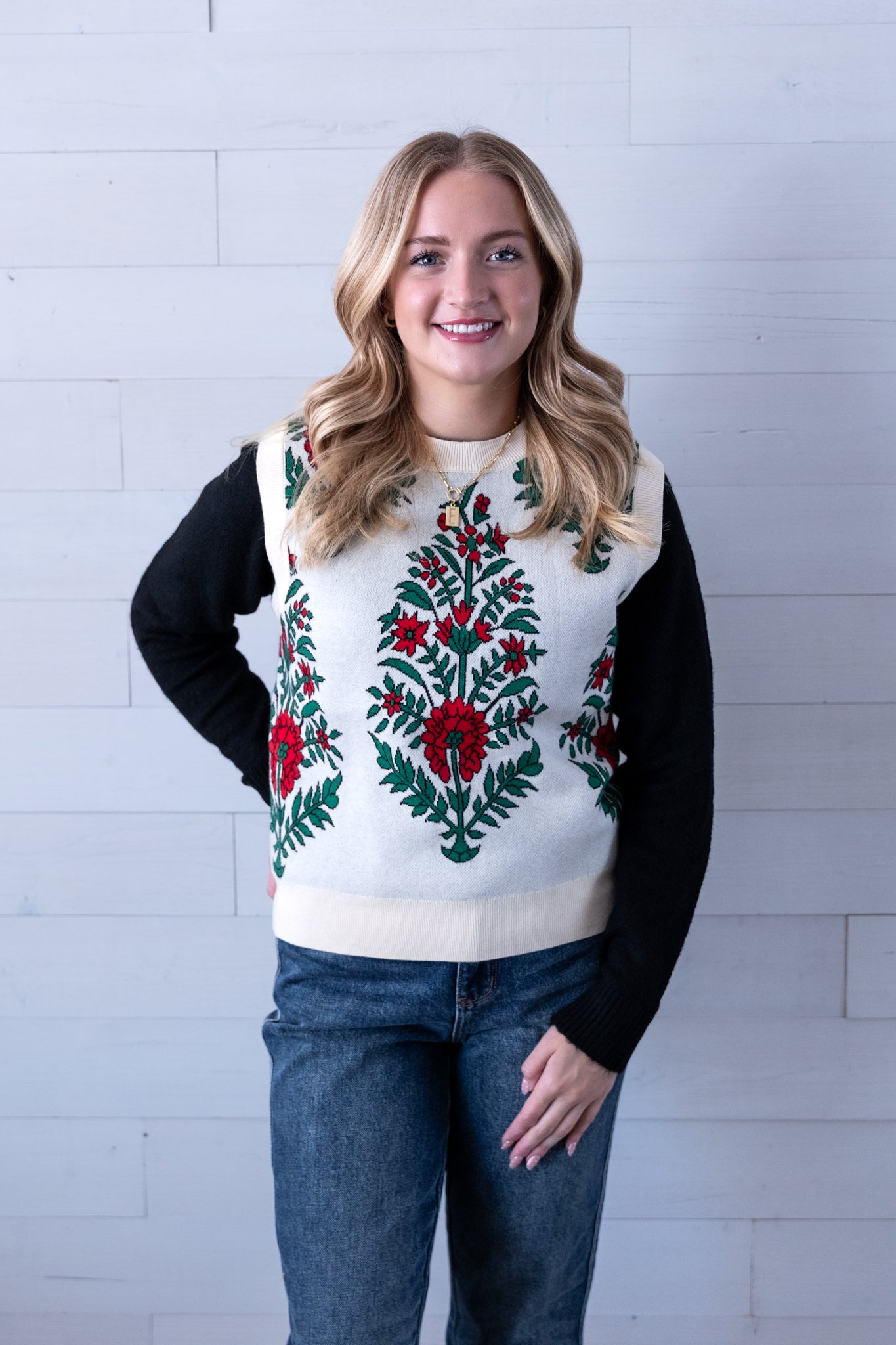 Cream Sleeveless Sweater Floral Red & Green