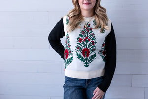Cream Sleeveless Sweater Floral Red & Green