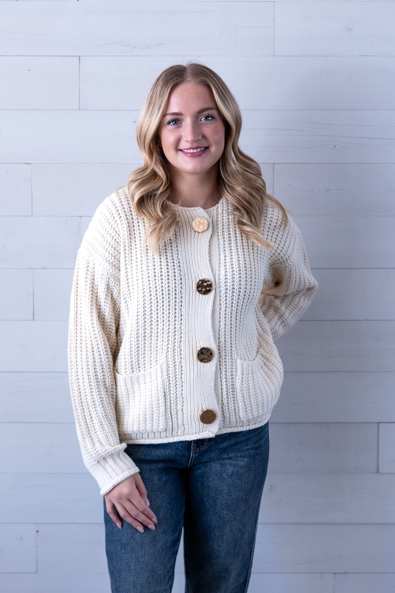 Mia Thick Cream Cardigan with Gold Buttons