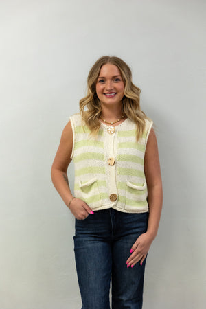 Coastal Stripe Knit Sweater Vest - Honeydew