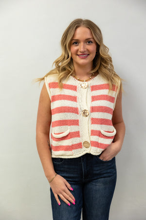 Coastal Stripe Knit Sweater Vest - Coral